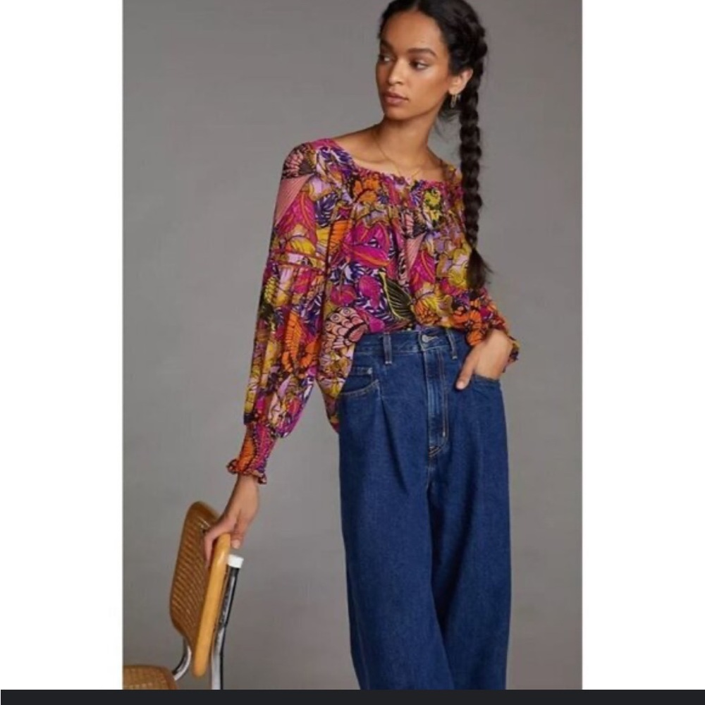 Anthropologie Alexandra Farmer Floral Butterfly Blouse. XS NWOT flowy puff sleev
